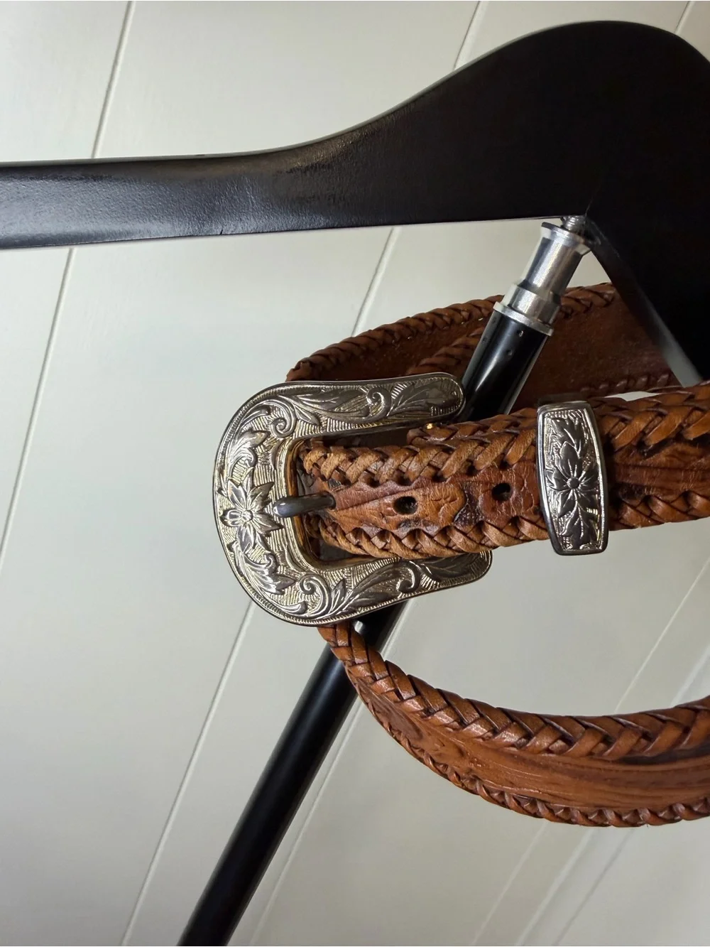 Vintage Hand-Tooled Tan Leather Braided Western Belt with Silver Buckle